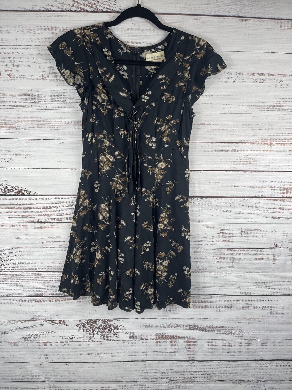 Denim & Supply Ralph Lauren Dress Women's 2 Black Floral Cap Sleeve Boho Viscose